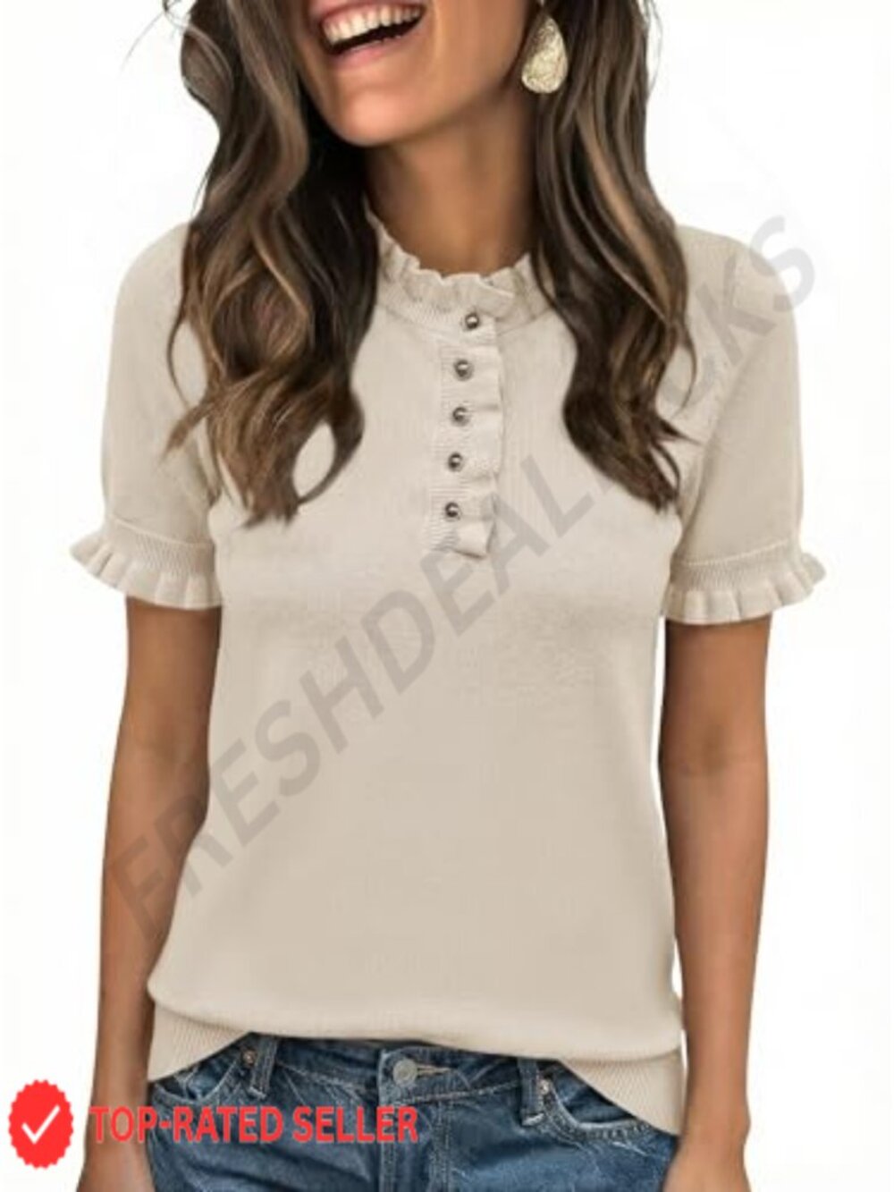 Ruffle Henley Knit Pullover Sweater Top - Ruffle Sleeve Button Front